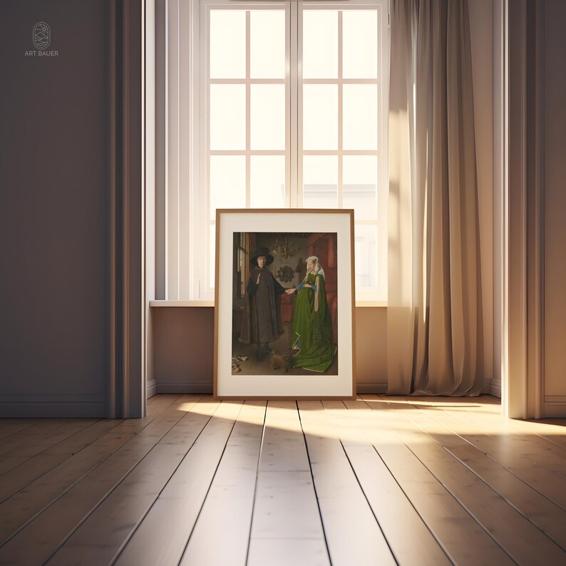 Puede incluir: Una obra de arte enmarcada que presenta una pintura hist&oacute;rica de dos figuras con vestimenta de &eacute;poca. La obra de arte est&aacute; en una habitaci&oacute;n con piso de madera, una ventana y cortinas. La pintura tiene un marco dorado.