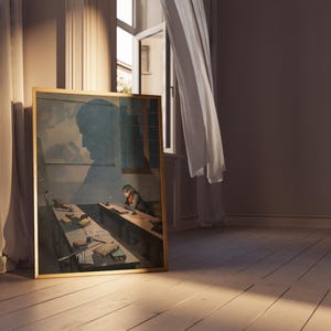 May include: A framed painting of a classroom scene with a student sitting at a desk and writing. The painting is in a gold frame and is hanging on a wall in a room with white curtains.