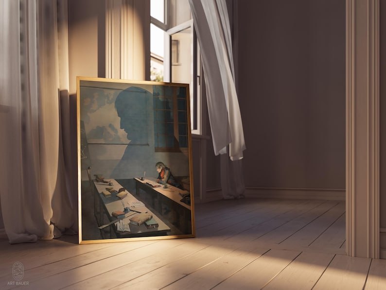 May include: A framed painting of a classroom scene with a student sitting at a desk and writing. The painting is in a gold frame and is hanging on a wall in a room with white curtains.