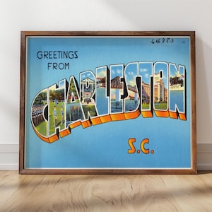 Grüße aus Charleston, South Carolina | 1930er Jahre | Gerahmter Druck | Charleston Postkarte Kunst, Vintage Charleston, Charme des Südens
