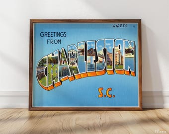 Saluti da Charleston, Carolina del Sud / Anni '30 / Stampa incorniciata / Arte cartolina di Charleston, Charleston vintage, fascino del sud
