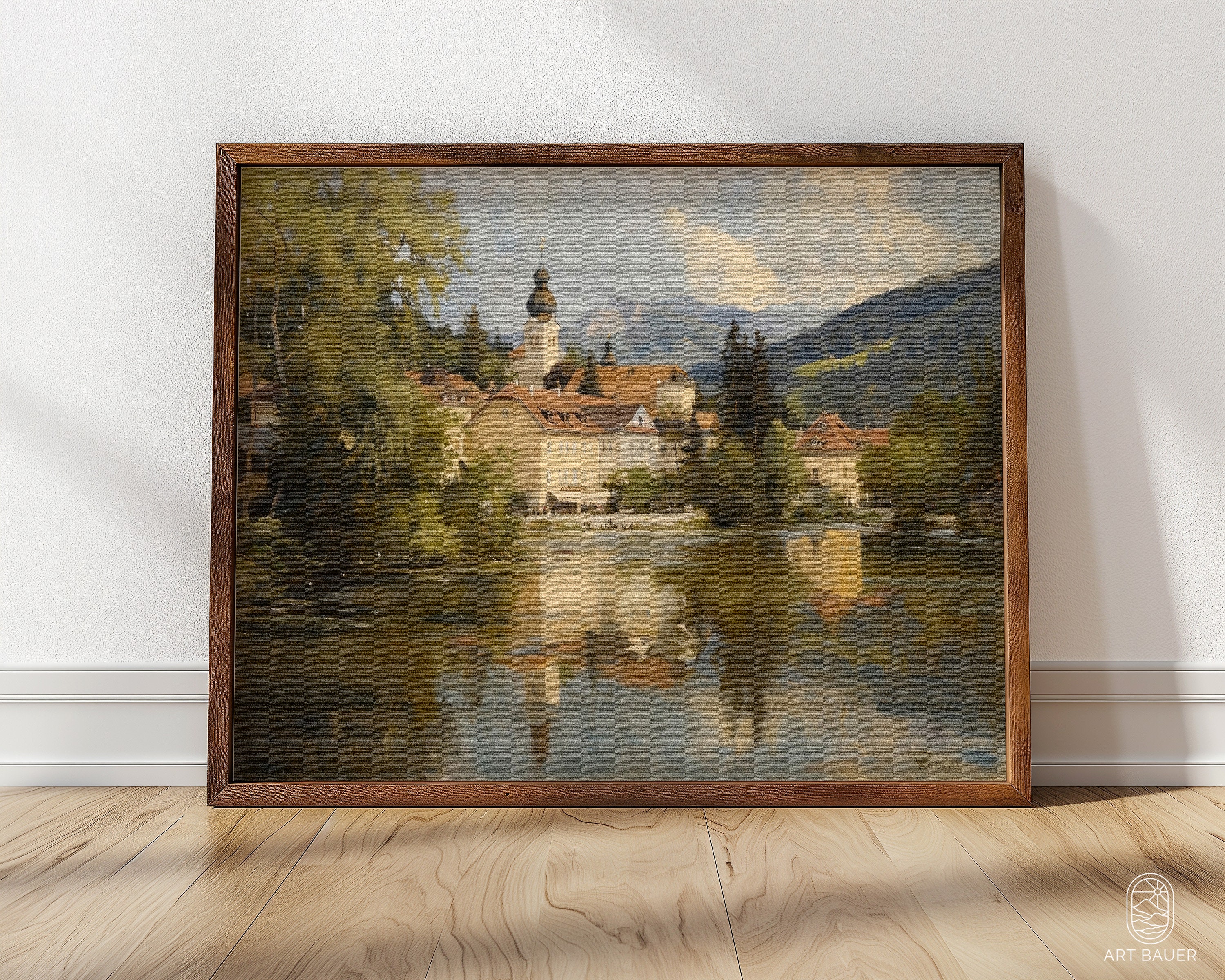 Villaggio alpino / Paesaggio alpino, Decorazione casa sul lago, Stampa artistica da parete con cornice, Arte alpina, Decorazione alpina, Affascinante