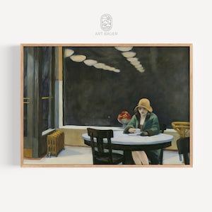 May include: A painting of a woman in a green coat and a yellow hat sitting at a table in a dimly lit room. The woman is holding a cup and saucer. There are red flowers in a vase on the table. The painting is by Edward Hopper.