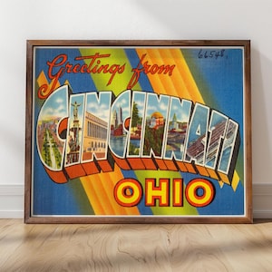 Saudações de Cincinnati | Década de 1930 | Impressão emoldurada | Arte de cartão postal de Cincinnati, decoração de casa, arte de parede