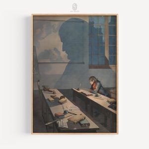 May include: A vintage illustration of a young person sitting at a desk in a classroom, writing in a book. The person is surrounded by books and papers. The illustration is in a muted color palette of browns, blues, and grays. The image is framed in a wooden frame.