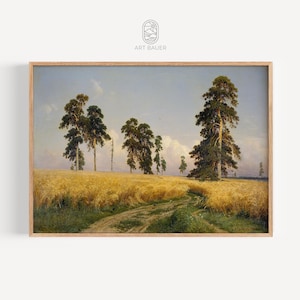 May include: A painting depicting a field of golden wheat with a line of trees in the background. The trees are a mix of green and brown, and the sky is a light blue with some clouds.