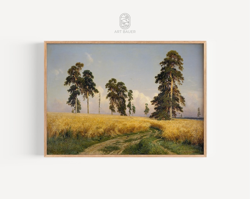 May include: A painting depicting a field of golden wheat with a line of trees in the background. The trees are a mix of green and brown, and the sky is a light blue with some clouds.