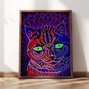 Psychedelic Night Cat | Framed Print | Louis Wain, 1930s | Psychedelic Print, Retro Cat Poster, Louis Wain Cat