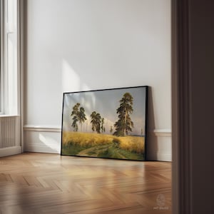 May include: A framed painting of a rural landscape with a dirt road leading through a field of golden wheat.  The road is lined with tall, green trees.  The sky is a light blue with white clouds.