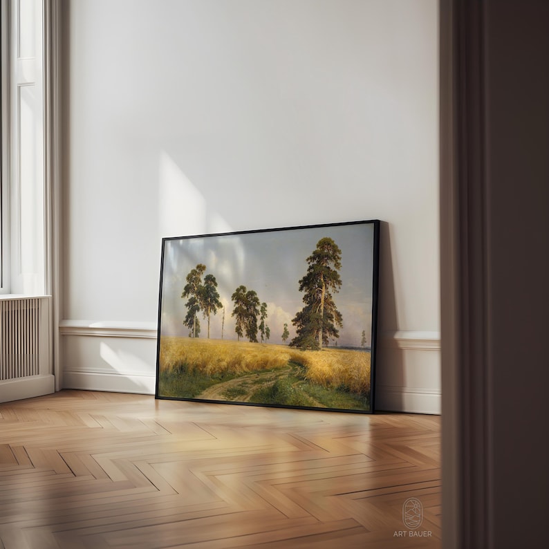 May include: A framed painting of a rural landscape with a dirt road leading through a field of golden wheat.  The road is lined with tall, green trees.  The sky is a light blue with white clouds.