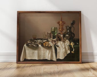 アンティークオランダ風ダークムーディな静物油絵、19世紀ヴィンテージ