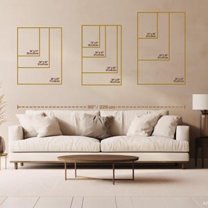 May include: A white sofa with three pillows sits in front of a beige wall with four framed images of different sizes. The images are labeled with measurements in inches and centimeters. The sofa is 90 inches or 228 centimeters wide.