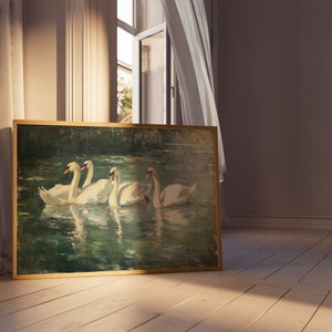 Eleganta svanar | Inramad svanposter, djurlivsdekor, svanmålning, rustik heminredning, inramat gicléetryck bild 8