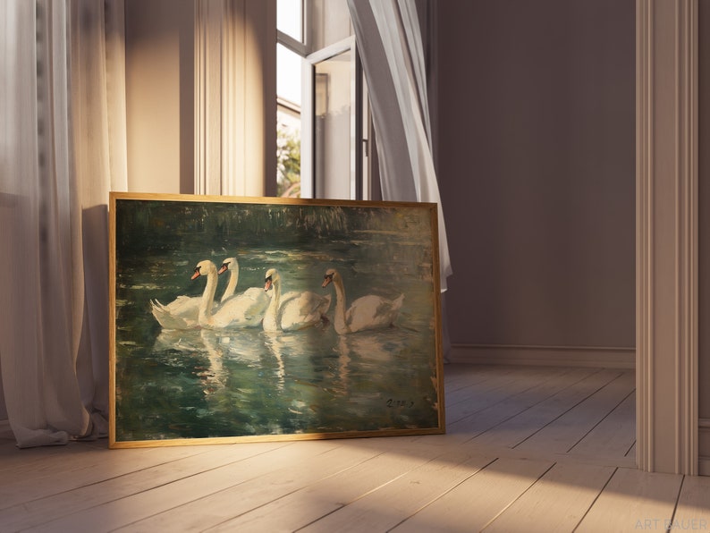 Eleganta svanar | Inramad svanposter, djurlivsdekor, svanmålning, rustik heminredning, inramat gicléetryck bild 8