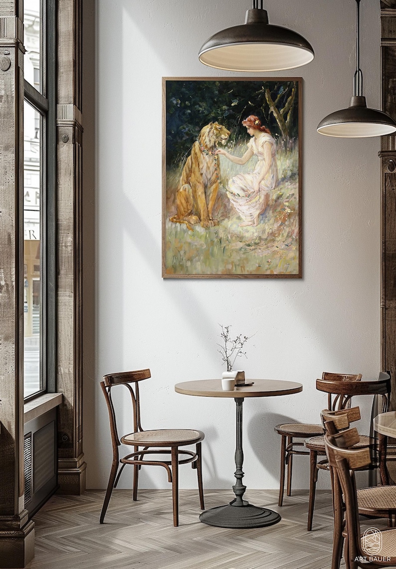 May include: A painting of a woman in a white dress interacting with a tiger in a forest setting. The woman is holding a flower and the tiger is looking at her. The painting is framed in a wooden frame.