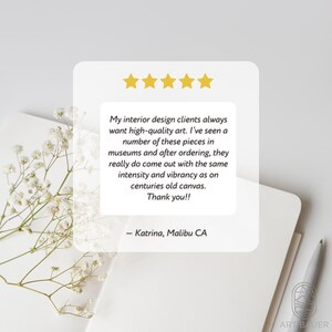 Pu&ograve; includere: Cinque stelle per le stampe d'arte. La recensione afferma che i clienti di interior design desiderano sempre arte di alta qualit&agrave;. Il recensore ha visto un certo numero di queste opere nei musei e dopo averle ordinate, si presentano davvero con la stessa intensit&agrave; e vivacit&agrave; di quelle su tele secolari. La recensione &egrave; firmata "Katrina, Malibu CA".