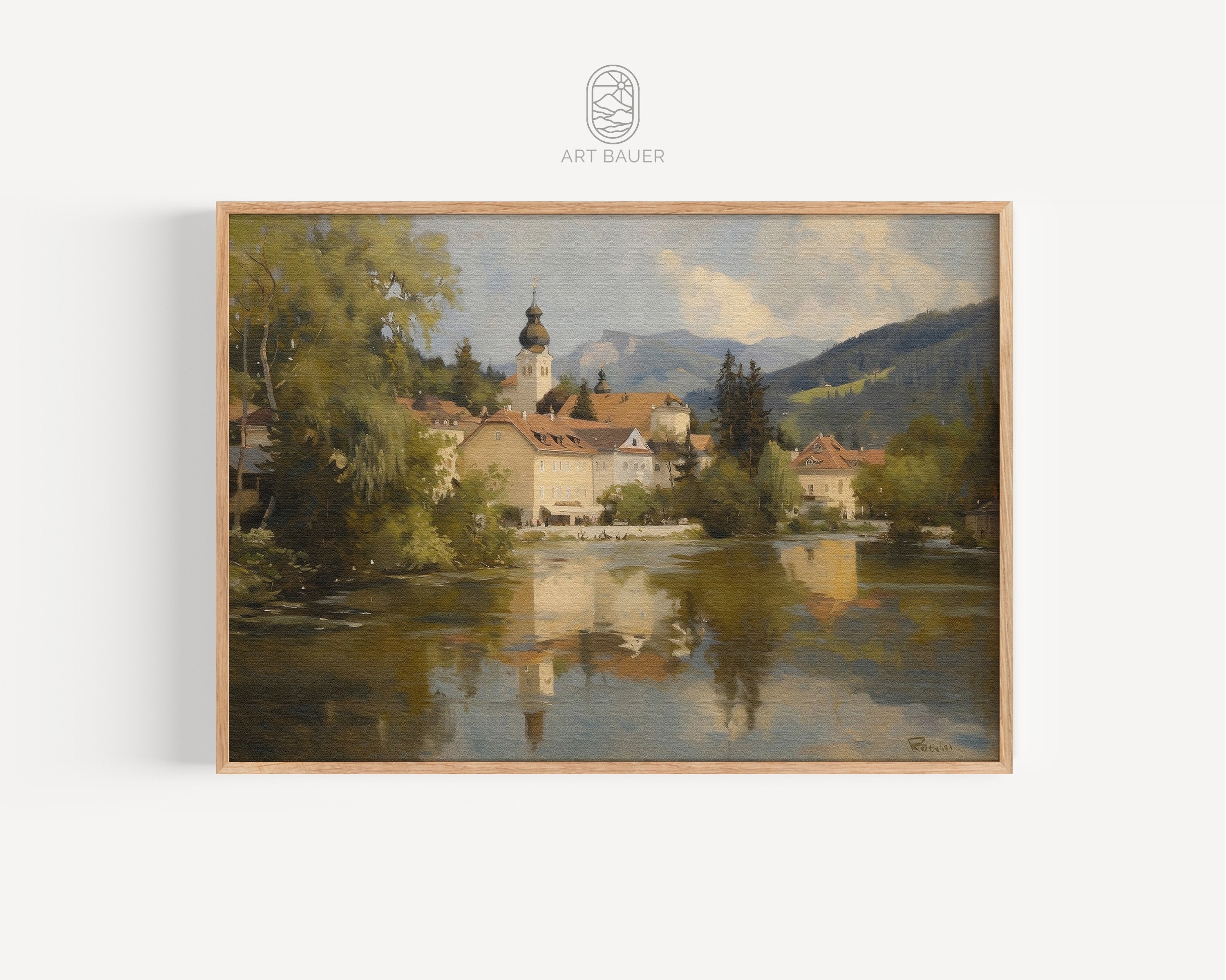 Villaggio alpino / Paesaggio alpino, Decorazione casa sul lago, Stampa artistica da parete, Arte alpina, Decorazione alpina, Decorazione affascinante