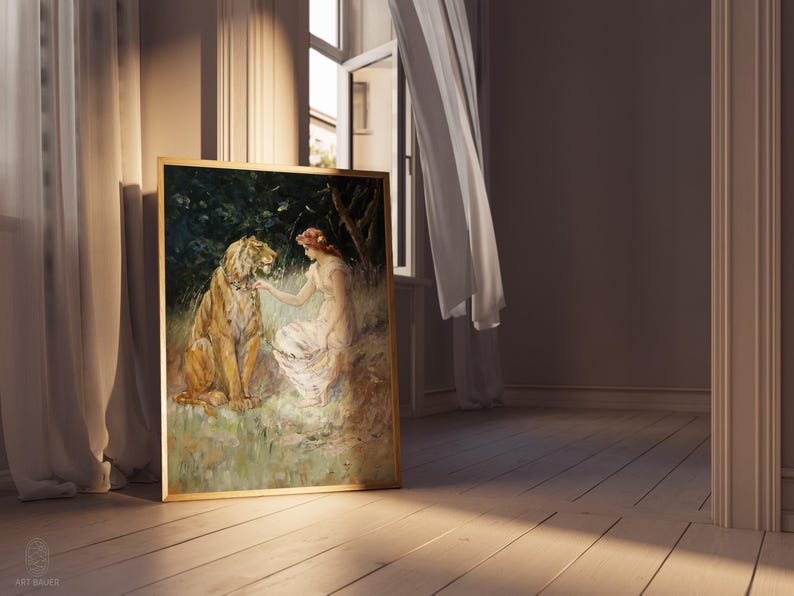 May include: A framed oil painting depicting a woman in a white dress sitting with a tiger in a forest setting. The woman is holding a flower in her hand and the tiger is looking at her.