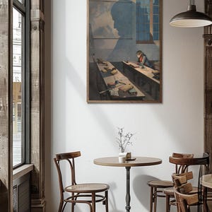 May include: A framed print of a vintage illustration depicting a classroom scene with students sitting at desks and writing. The illustration is in a muted color palette with a focus on the shadow of a student in the foreground.