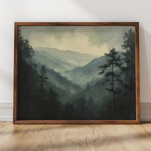 Smoky Mountains | Oprawiony wydruk vintage, Krajobraz górski, Wystrój wiejski, Sztuka ścienna Smoky Mountains, Wydruk górski