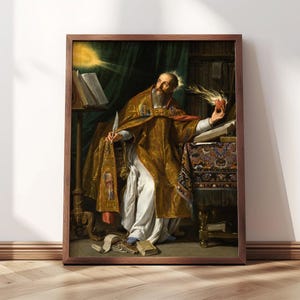 May include: A painting of a man in a golden robe holding a heart in his hand. He is sitting in a chair with a book in front of him. The painting is set against a dark background with a light source shining down on the man.