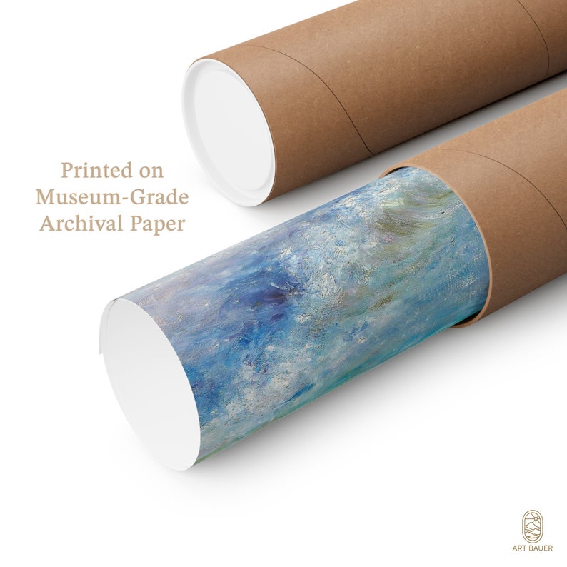 Pu&ograve; includere: Una stampa arrotolata di un dipinto astratto blu e bianco &egrave; all'interno di un tubo di cartone marrone. Il testo "Printed on Museum-Grade Archival Paper" &egrave; visibile sullo sfondo bianco.