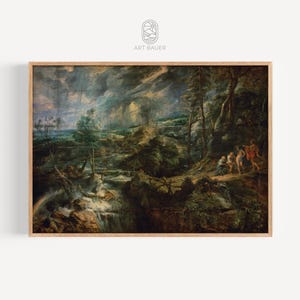 Pode incluir: Uma pintura que retrata uma paisagem com uma cachoeira, um arco-íris e figuras em primeiro plano. O céu está tempestuoso com nuvens escuras e chuva. A pintura é emoldurada em uma moldura de madeira.