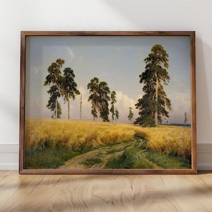 May include: A painting of a rural landscape with a field of golden wheat in the foreground.  The field is bordered by a line of tall pine trees, with a dirt road leading into the distance.
