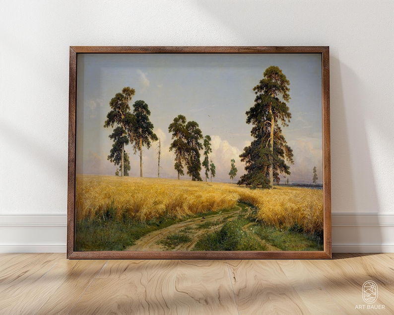 May include: A painting of a rural landscape with a field of golden wheat in the foreground.  The field is bordered by a line of tall pine trees, with a dirt road leading into the distance.