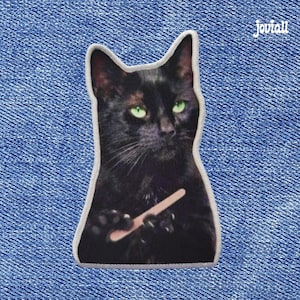Puede incluir: Parche de gato negro con ojos verdes sosteniendo una lima de uñas. El gato está delineado en blanco y sobre un fondo de mezclilla azul. El logotipo de Joviall está en la esquina superior derecha.