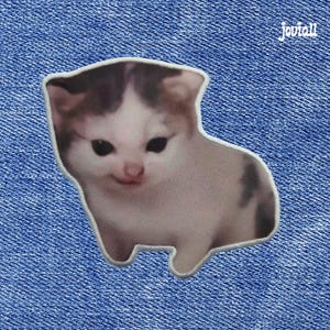 Può includere: Toppa a forma di gatto con un gattino sorridente bianco, marrone e grigio. La toppa è su uno sfondo di denim blu. La parola "Joviall" è in scrittura bianca nell'angolo in alto a destra.