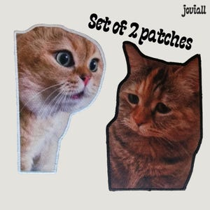 Op de afbeelding: Set van twee kattenpatches. Eén patch toont een verbaasde oranje kat, de andere een verdrietige bruine kat. De patches hebben een witte rand en de tekst "Set of 2 patches".