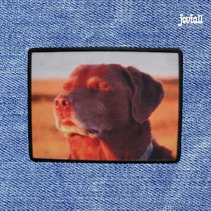 Op de afbeelding: Een rechthoekige patch met een close-up van een bruine hond met gesloten ogen, tegen een oranje achtergrond. De patch heeft een zwarte rand en het woord "Joviall" staat in de rechterbovenhoek.