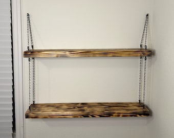 Rustic Burnt Handmade Floating Shelves Chain Brackets