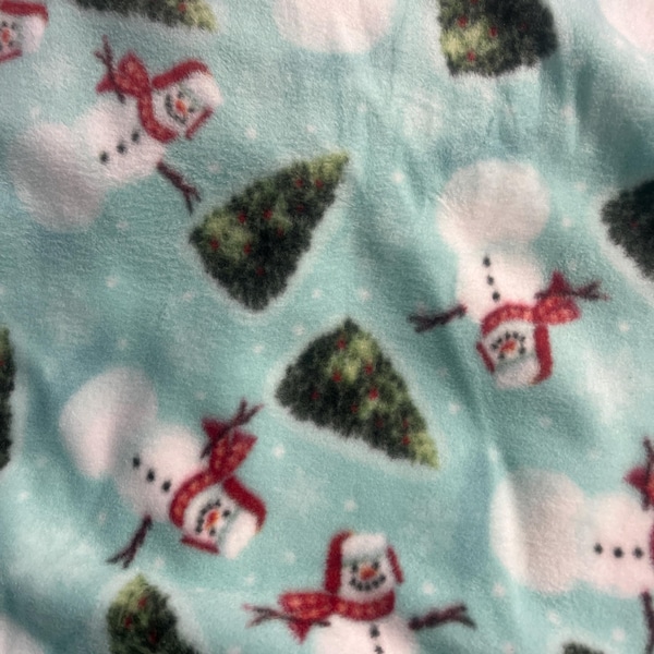 Snowmen & Christmas Trees on Seafoam Blizzard Fleece