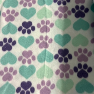 Teal Blue & Lilac Paws and Hearts on White Fleece