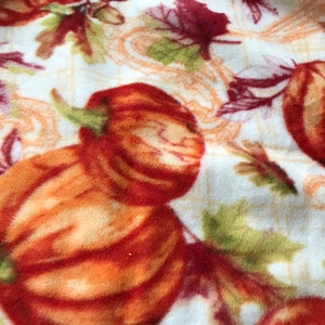 May include: A white fleece blanket with a fall-themed print featuring orange and brown pumpkins and green leaves.