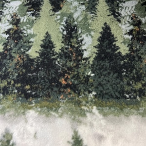 May include: A forest-themed fabric featuring a repeating pattern of evergreen trees in shades of green, black, and white. The design evokes a sense of nature and the outdoors, suitable for various crafting projects or home decor.