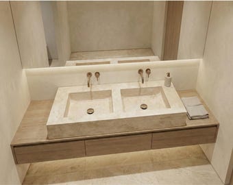 Lavabo doble de travertino, lavabo de mármol para baño, lavabo de mármol de pared, lavabo para tocador, encimera de tocador personalizada, encimera de travertino doble.