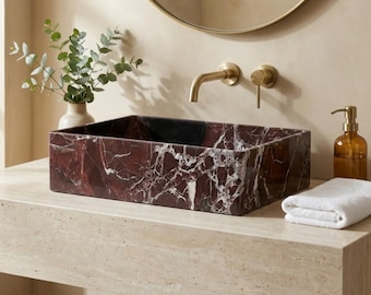 Rosso Levanto Marble Sink, Compact Countertop or Wall-Mounted Basin, Custom Natural Stone Washbasin