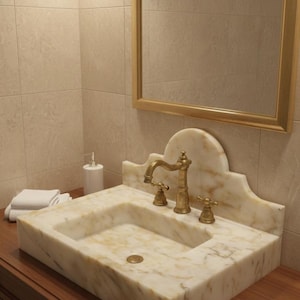 Puede incluir: Un lavabo rectangular de m&aacute;rmol con grifo y manijas de lat&oacute;n. El lavabo es de color beige claro con vetas m&aacute;s oscuras. Un espejo con marco dorado cuelga sobre el lavabo.