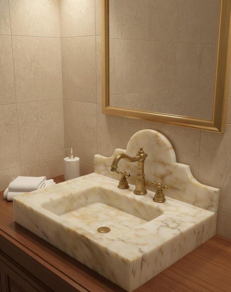 Puede incluir: Un lavabo rectangular de m&aacute;rmol con grifo y manijas de lat&oacute;n. El lavabo es de color beige claro con vetas m&aacute;s oscuras. Un espejo con marco dorado cuelga sobre el lavabo.