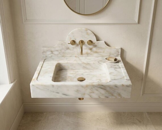 Calacatta Sugar Marble Sink Wall Mount Marble Sink with Backsplah Marble Bathroom Sink Powder Room Sink Custom Vanity Top Marble Sink