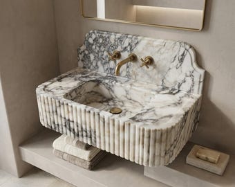 Marble Sink with Backsplash, Calacatta Viola Marble Sink With Ribbed Side, Hand Carved Marble Sink, Wall Mount Sink, Powder Room Sink Basin