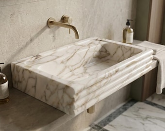 Calacatta Gold Marble Sink, Natural Stone Sink, Wall-Mounted Sink, Rectangular Marble Sink, Modern Marble Sink, Bathroom Sink, Sink