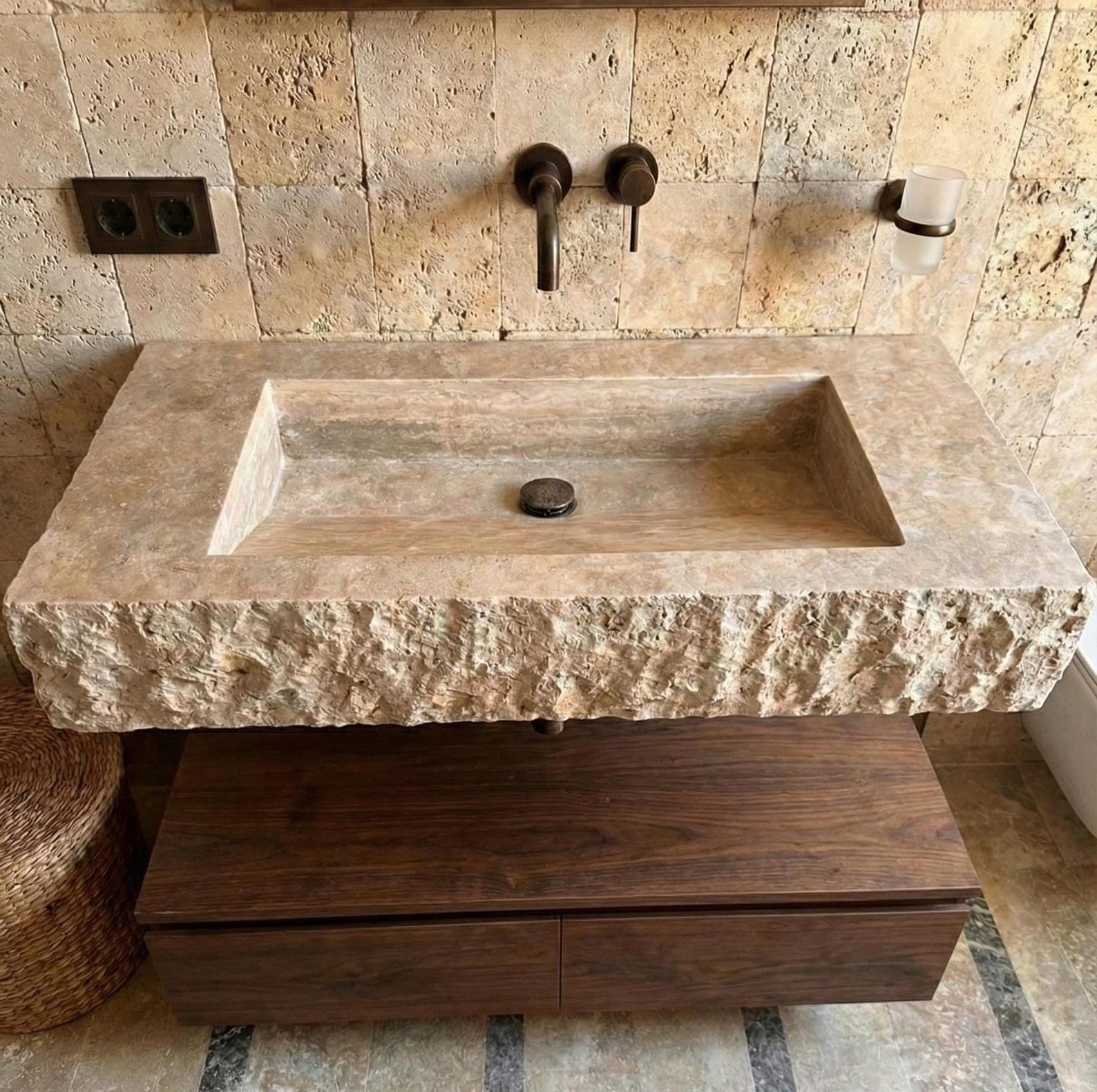 Handmade Travertine Sink – Wall Mounted Natural Stone Washbasin, Custom ...