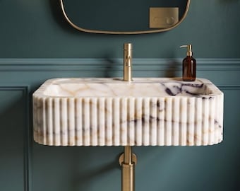 Calacatta Gold Marble Sink | Wall Mounted Grooved Marble Basin | Custom Natural Stone Bathroom Sink