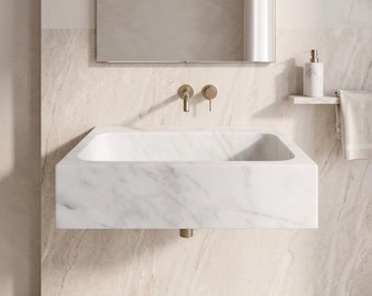 Elegant vit Carrara marmor diskho, kärlsdiskho, väggmonterad marmor diskho, bänkskiva i marmor, handfat för badrum, handfat i natursten