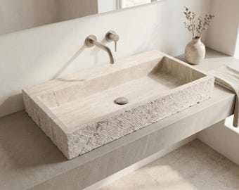 Travertine Stone Sink Rustic Mediterranean Vanity Basin Natural Bathroom Vessel Sink  Handmade Farmhouse Custom Sizes Washbasin Decor