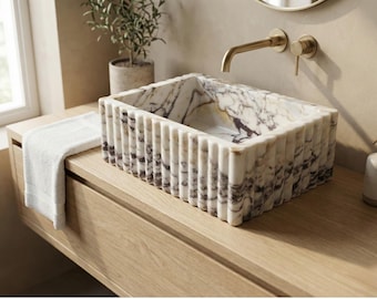 Lavabo de mármol Calacatta Viola, lavabo de pedestal, lavabo de piedra natural artesanal, lavabo de mármol para montaje en pared, opciones de tamaño personalizables.
